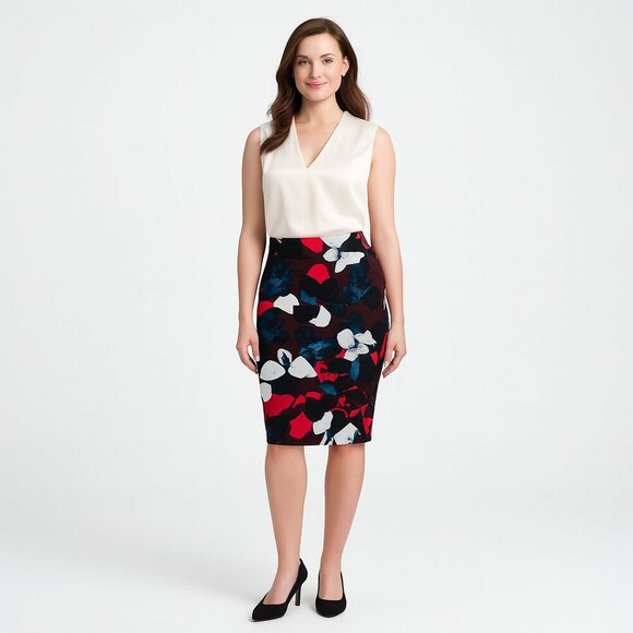 Lord & Taylor Floral Skirt 8 Black Pencil Color Pop Mid Rise Below Knee Classic - Picture 1 of 11